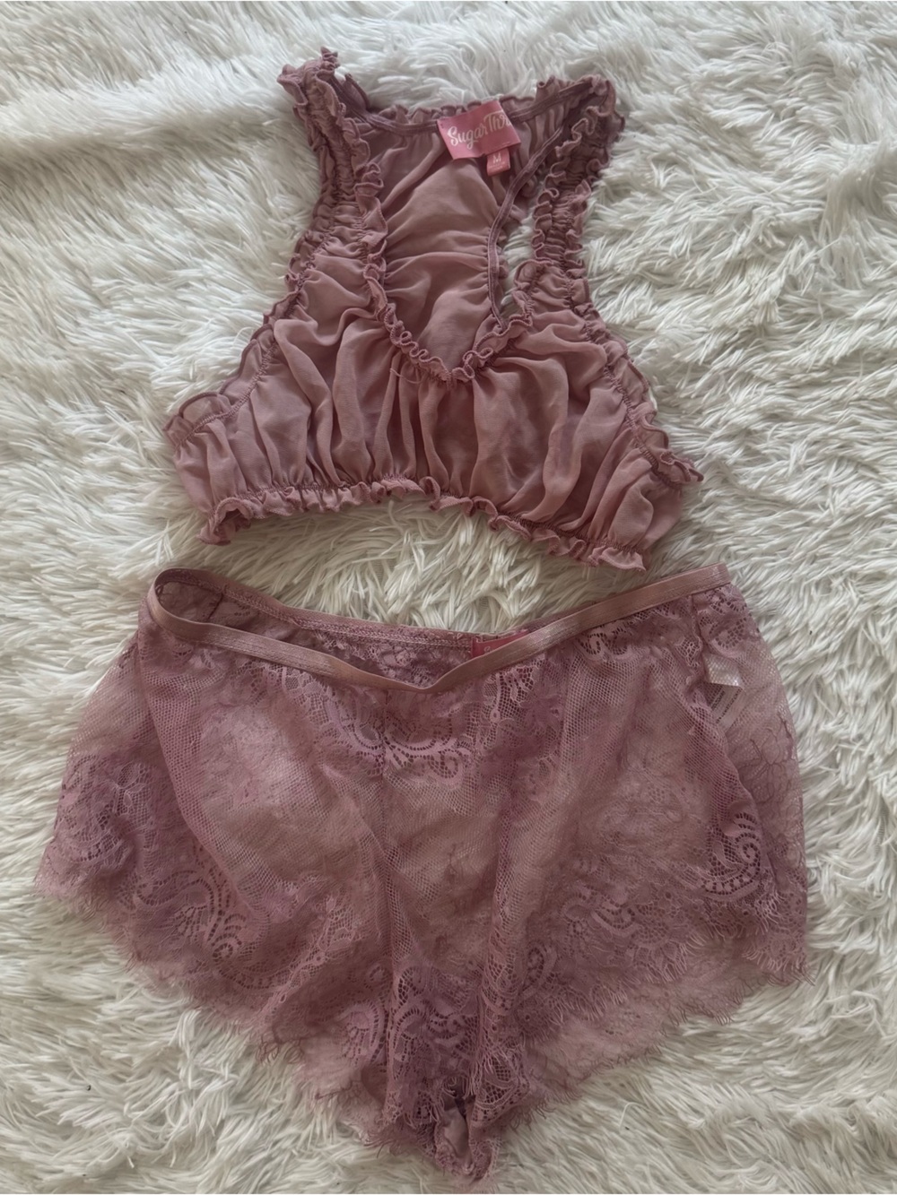 Sugar Thrillz Mauve Pink Lace & Ruffle Two-Piece Sleep Set PJ M/L